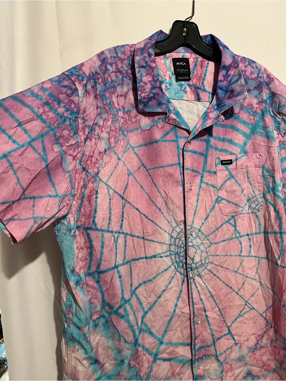 RVCA Pink & Blue Spiral Tie-Dye Short Sleeve Button-Up Shirt